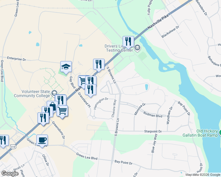 map of restaurants, bars, coffee shops, grocery stores, and more near 42 Derbyshire Pvt Road in Gallatin