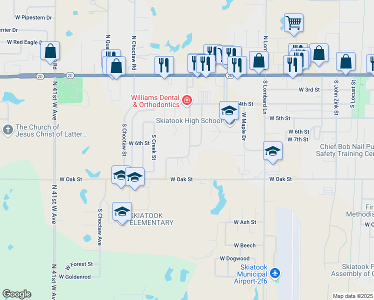 map of restaurants, bars, coffee shops, grocery stores, and more near 601 West Elm Street in Skiatook