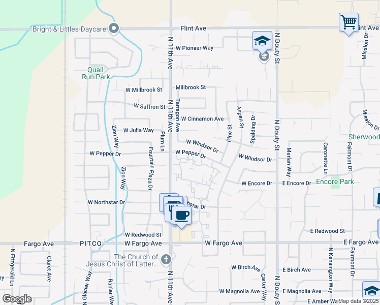 map of restaurants, bars, coffee shops, grocery stores, and more near 557 West Pepper Drive in Hanford