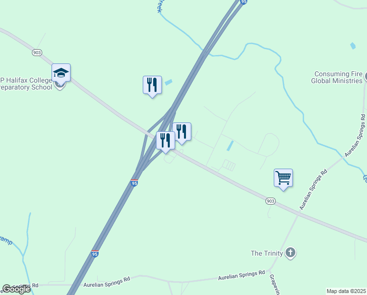 map of restaurants, bars, coffee shops, grocery stores, and more near 10675 North Carolina 903 in Halifax