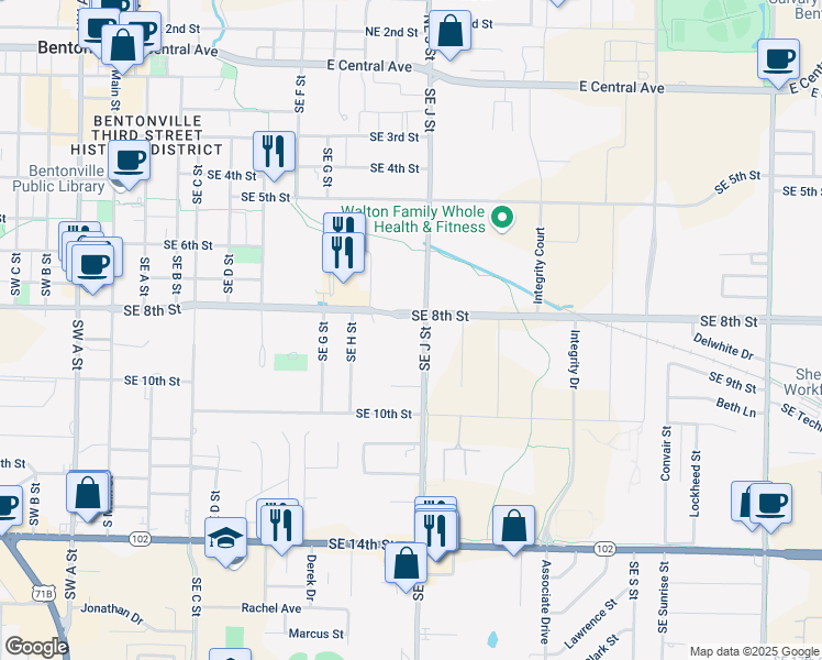 map of restaurants, bars, coffee shops, grocery stores, and more near 800 Southeast J Street in Bentonville
