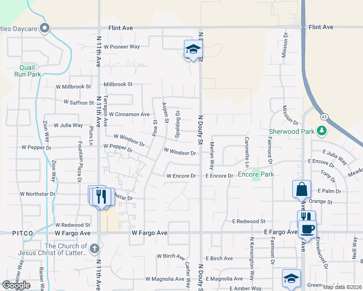 map of restaurants, bars, coffee shops, grocery stores, and more near 200 W Windsor Dr in Hanford