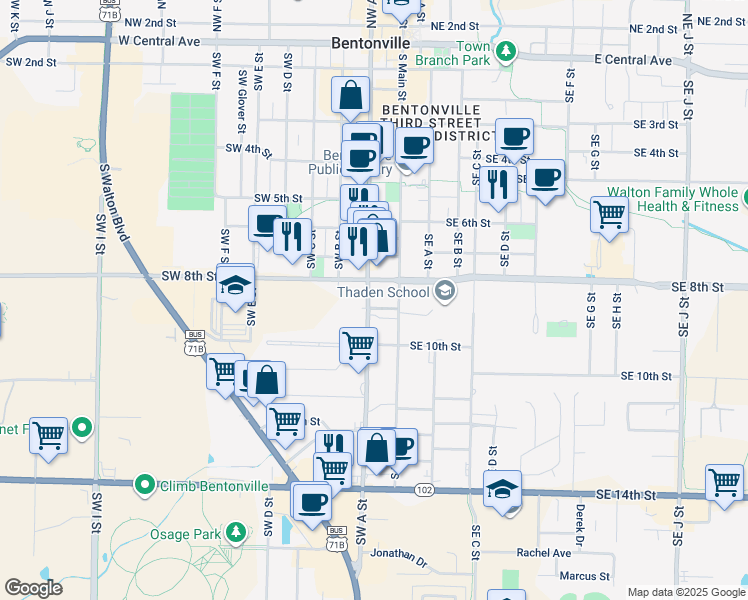 map of restaurants, bars, coffee shops, grocery stores, and more near 809 Southwest A Street in Bentonville