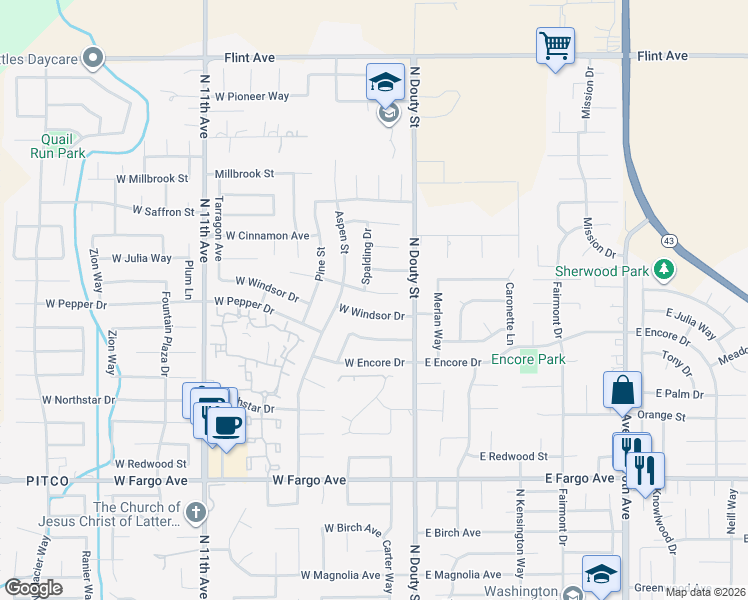 map of restaurants, bars, coffee shops, grocery stores, and more near 200 W Windsor Dr in Hanford