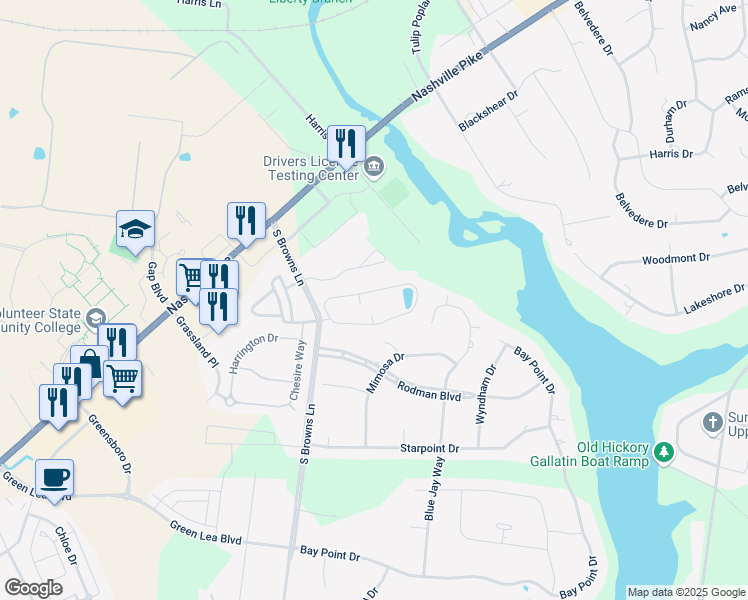 map of restaurants, bars, coffee shops, grocery stores, and more near 825 South Browns Lane in Gallatin