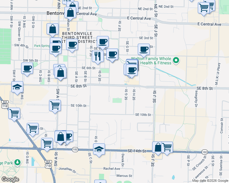 map of restaurants, bars, coffee shops, grocery stores, and more near 813 Southeast East Court in Bentonville
