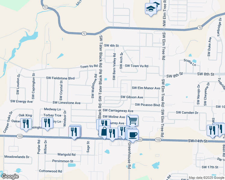 map of restaurants, bars, coffee shops, grocery stores, and more near 3806 Southwest Gibson Avenue in Bentonville