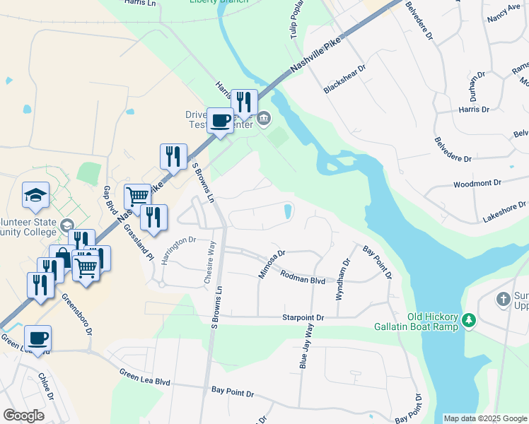 map of restaurants, bars, coffee shops, grocery stores, and more near 825 South Browns Lane in Gallatin
