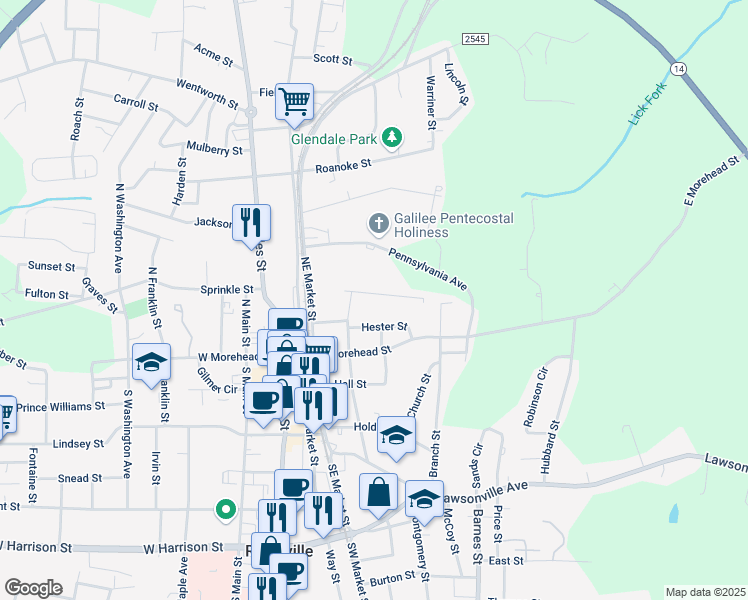 map of restaurants, bars, coffee shops, grocery stores, and more near 212 Hester Street in Reidsville