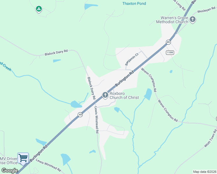 map of restaurants, bars, coffee shops, grocery stores, and more near 2530 Burlington Road in Roxboro