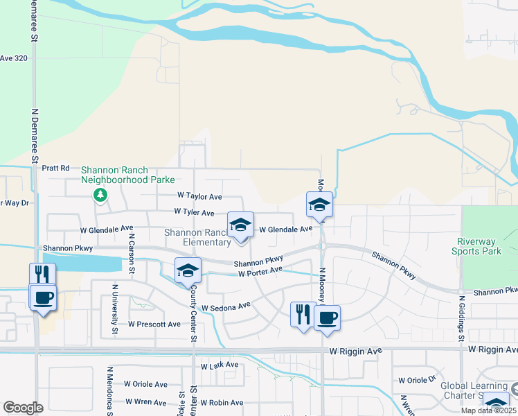 map of restaurants, bars, coffee shops, grocery stores, and more near 2522 West Tyler Avenue in Visalia