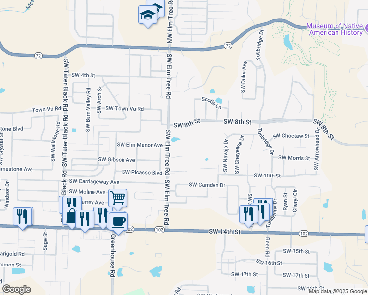 map of restaurants, bars, coffee shops, grocery stores, and more near 805 Southwest Elm Tree Road in Bentonville