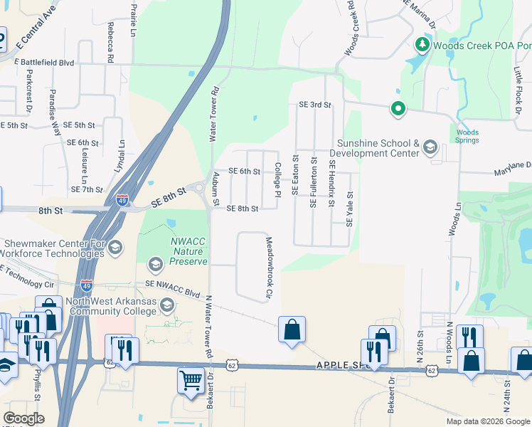 map of restaurants, bars, coffee shops, grocery stores, and more near 18 Meadowbrook Circle in Bentonville
