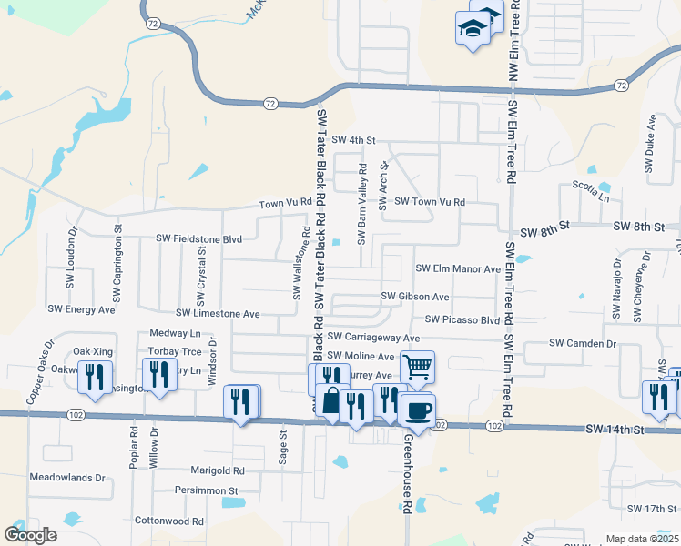 map of restaurants, bars, coffee shops, grocery stores, and more near 3911 South West Capstone Avenue in Bentonville