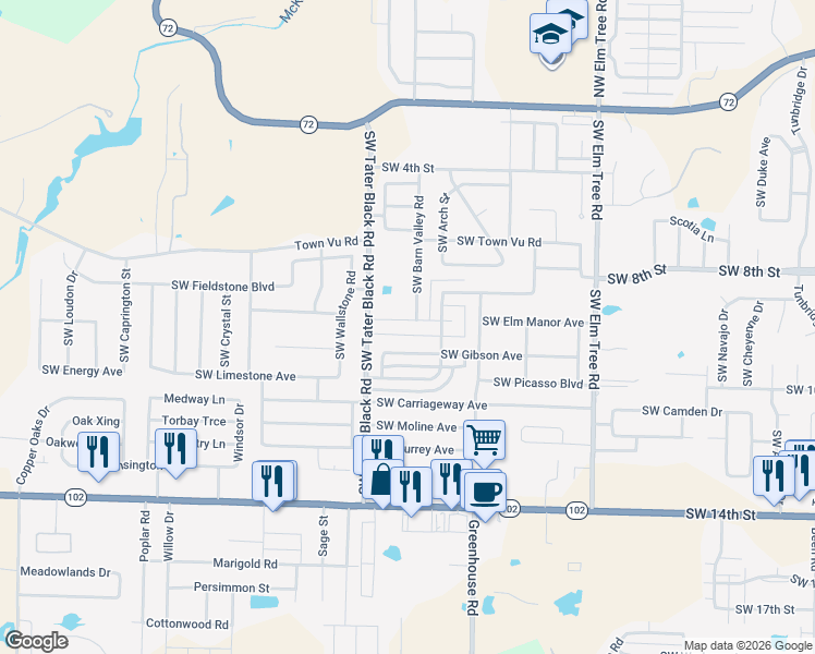 map of restaurants, bars, coffee shops, grocery stores, and more near 3806 Southwest Gibson Avenue in Bentonville