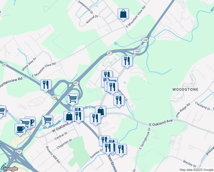 map of restaurants, bars, coffee shops, grocery stores, and more near 3077-3121 Highway 34 in Johnson City