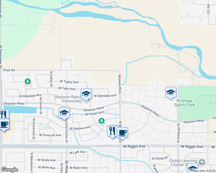 map of restaurants, bars, coffee shops, grocery stores, and more near 3724 North Sallee Street in Visalia