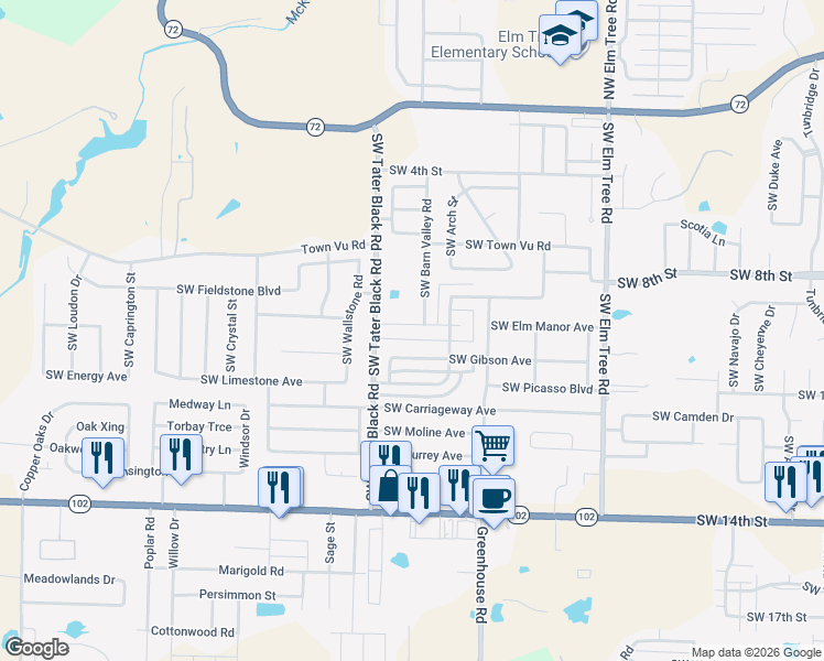 map of restaurants, bars, coffee shops, grocery stores, and more near 3914 Southwest Gibson Avenue in Bentonville