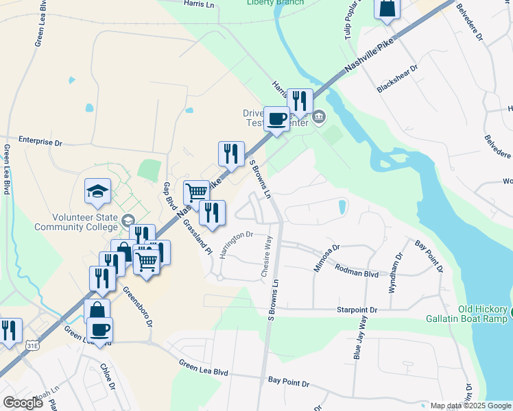 map of restaurants, bars, coffee shops, grocery stores, and more near 42 Derbyshire Pvt Road in Gallatin