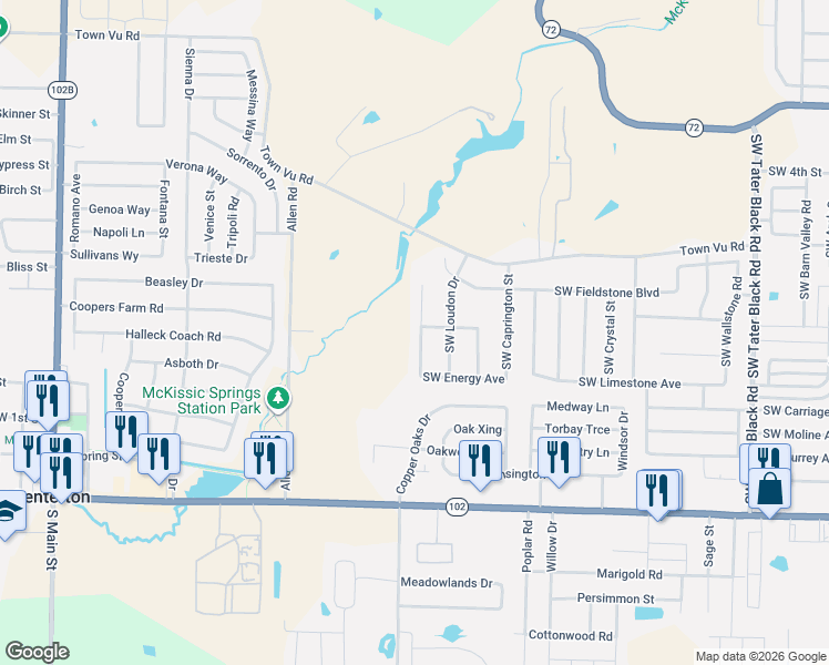 map of restaurants, bars, coffee shops, grocery stores, and more near 901 Southwest Green World Street in Bentonville