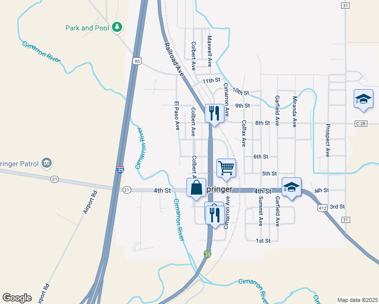 map of restaurants, bars, coffee shops, grocery stores, and more near 500 El Paso Avenue in Springer
