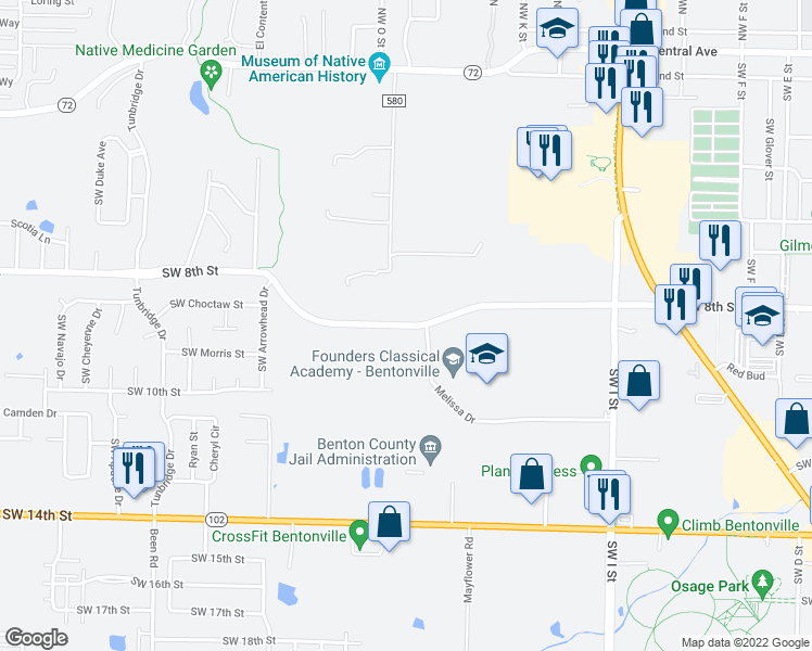 map of restaurants, bars, coffee shops, grocery stores, and more near Southwest 8th Street in Bentonville