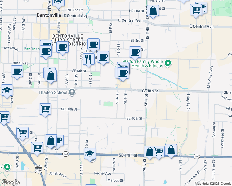map of restaurants, bars, coffee shops, grocery stores, and more near 802 Southeast G Street in Bentonville