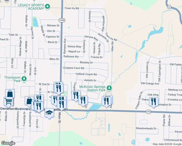 map of restaurants, bars, coffee shops, grocery stores, and more near 500 Sienna Drive in Centerton