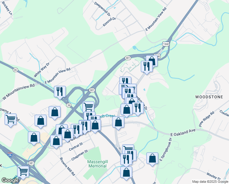 map of restaurants, bars, coffee shops, grocery stores, and more near 115 Beechnut Street in Johnson City