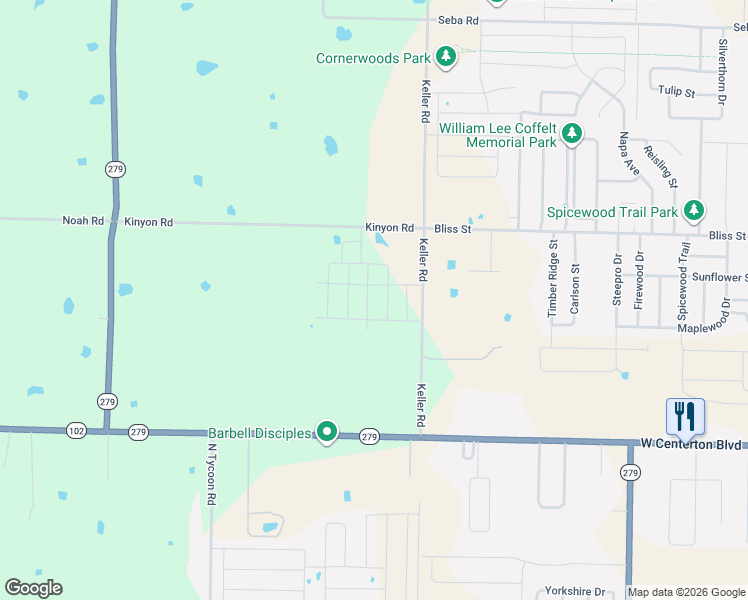 map of restaurants, bars, coffee shops, grocery stores, and more near 500 Keller Road in Centerton