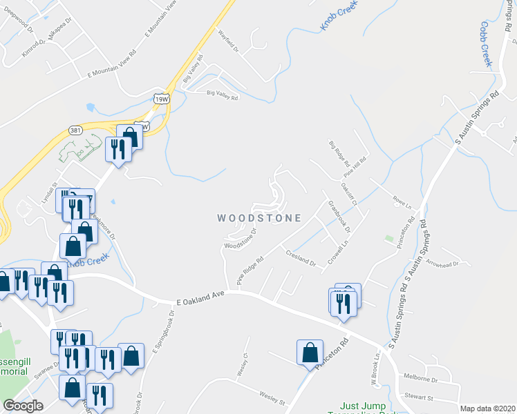 map of restaurants, bars, coffee shops, grocery stores, and more near 304 Hickory Bluff in Johnson City