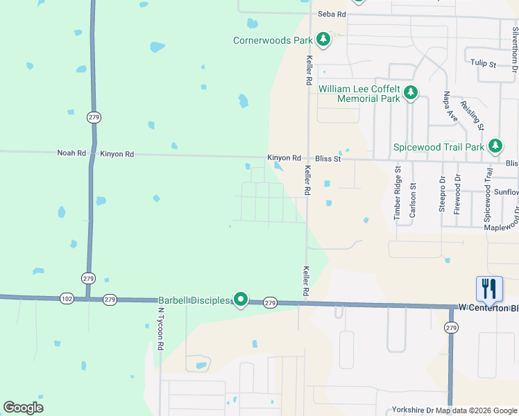 map of restaurants, bars, coffee shops, grocery stores, and more near 500 Keller Road in Centerton