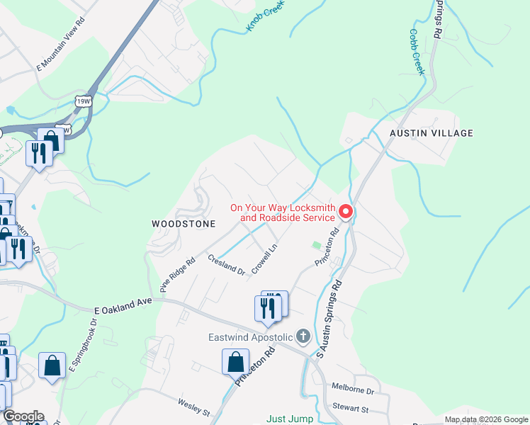 map of restaurants, bars, coffee shops, grocery stores, and more near 2705 Granbrook Drive in Johnson City