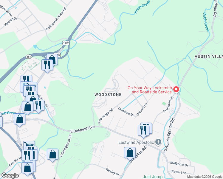map of restaurants, bars, coffee shops, grocery stores, and more near 333 Hickory Bluff in Johnson City