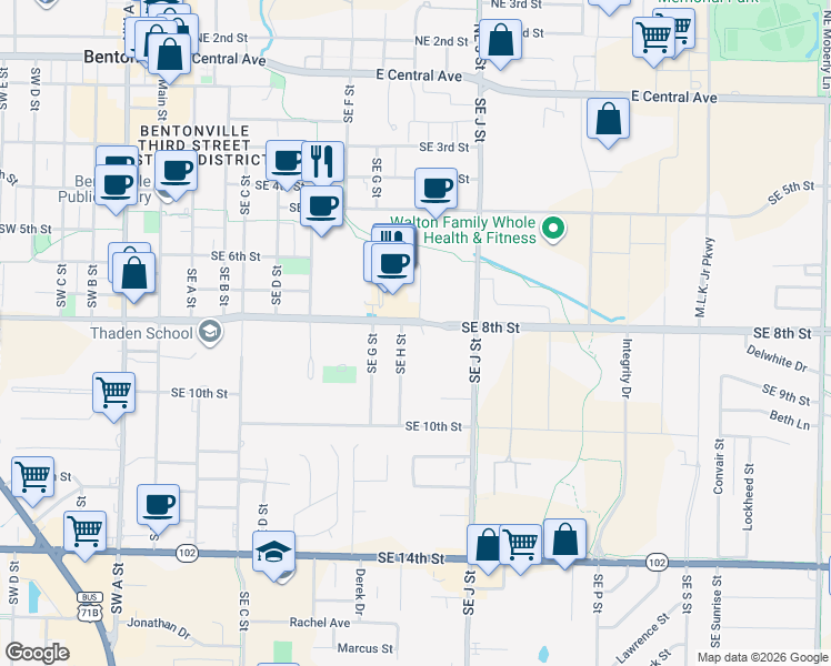 map of restaurants, bars, coffee shops, grocery stores, and more near 901-1011 Southeast 8th Street in Bentonville