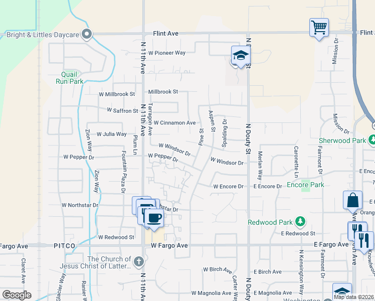 map of restaurants, bars, coffee shops, grocery stores, and more near 455 West Julia Way in Hanford