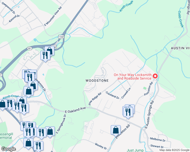 map of restaurants, bars, coffee shops, grocery stores, and more near 333 Hickory Bluff in Johnson City