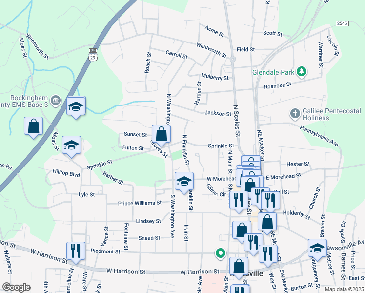 map of restaurants, bars, coffee shops, grocery stores, and more near 210 North Franklin Street in Reidsville