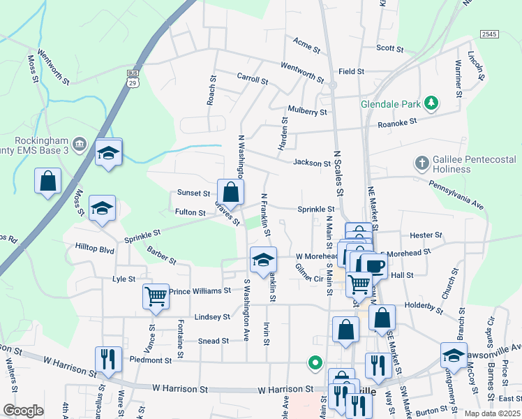 map of restaurants, bars, coffee shops, grocery stores, and more near 210 North Franklin Street in Reidsville