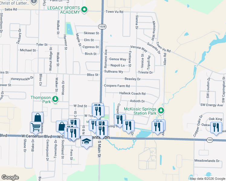 map of restaurants, bars, coffee shops, grocery stores, and more near 221 Coopers Farm Road in Centerton