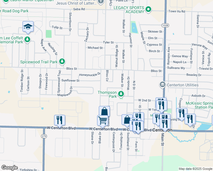 map of restaurants, bars, coffee shops, grocery stores, and more near 632 Bliss Circle in Centerton