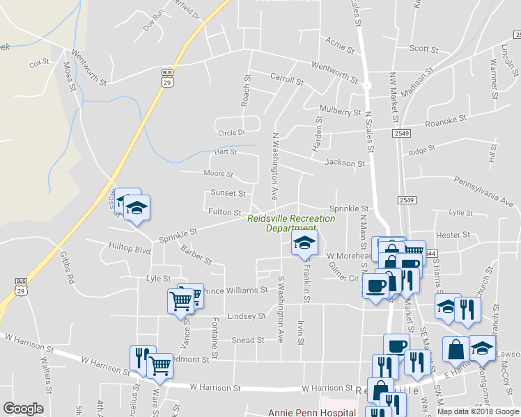 map of restaurants, bars, coffee shops, grocery stores, and more near 305 Graves Street in Reidsville