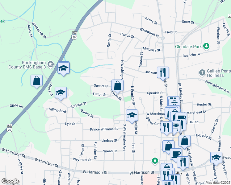 map of restaurants, bars, coffee shops, grocery stores, and more near 305 Graves Street in Reidsville