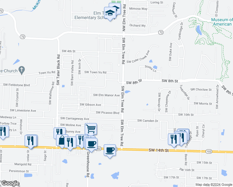 map of restaurants, bars, coffee shops, grocery stores, and more near 3400 Southwest Elm Manor Avenue in Bentonville