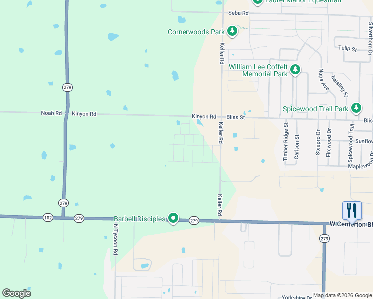 map of restaurants, bars, coffee shops, grocery stores, and more near 591 Keller Road in Centerton