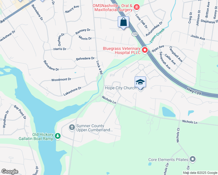 map of restaurants, bars, coffee shops, grocery stores, and more near 127 Cambridge Drive in Gallatin