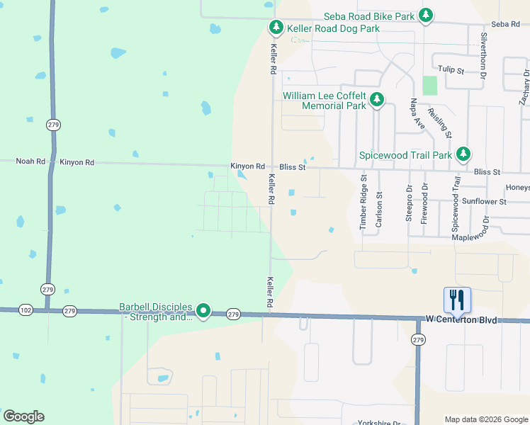 map of restaurants, bars, coffee shops, grocery stores, and more near 591 Keller Road in Centerton