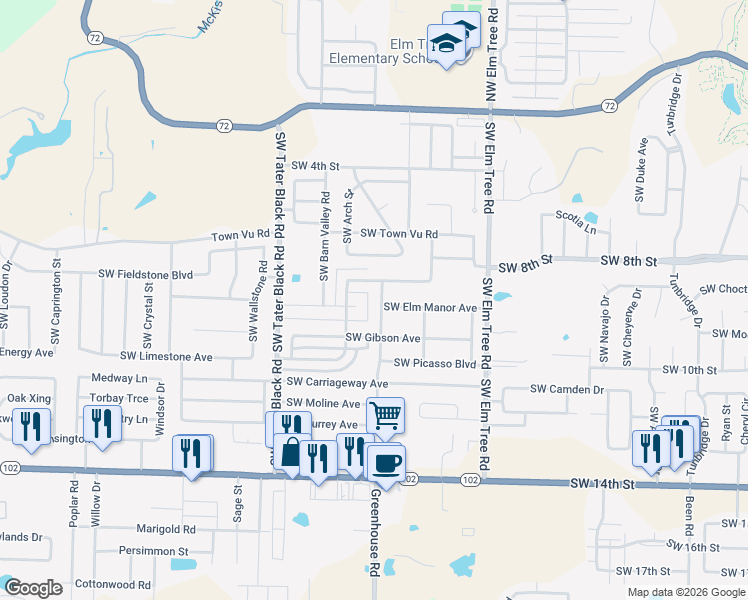 map of restaurants, bars, coffee shops, grocery stores, and more near 3705 Southwest Davenci Boulevard in Bentonville