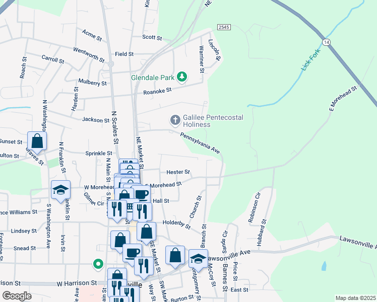 map of restaurants, bars, coffee shops, grocery stores, and more near 200 Pennsylvania Avenue in Reidsville