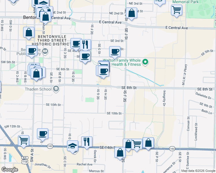 map of restaurants, bars, coffee shops, grocery stores, and more near 901 Southeast 8th Street in Bentonville